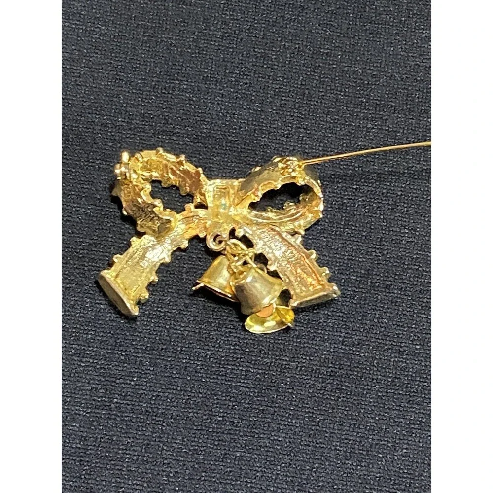 Christmas Gold Tone Red Enamel Ribbon Bow Pin, Brooch With Bells Vintage